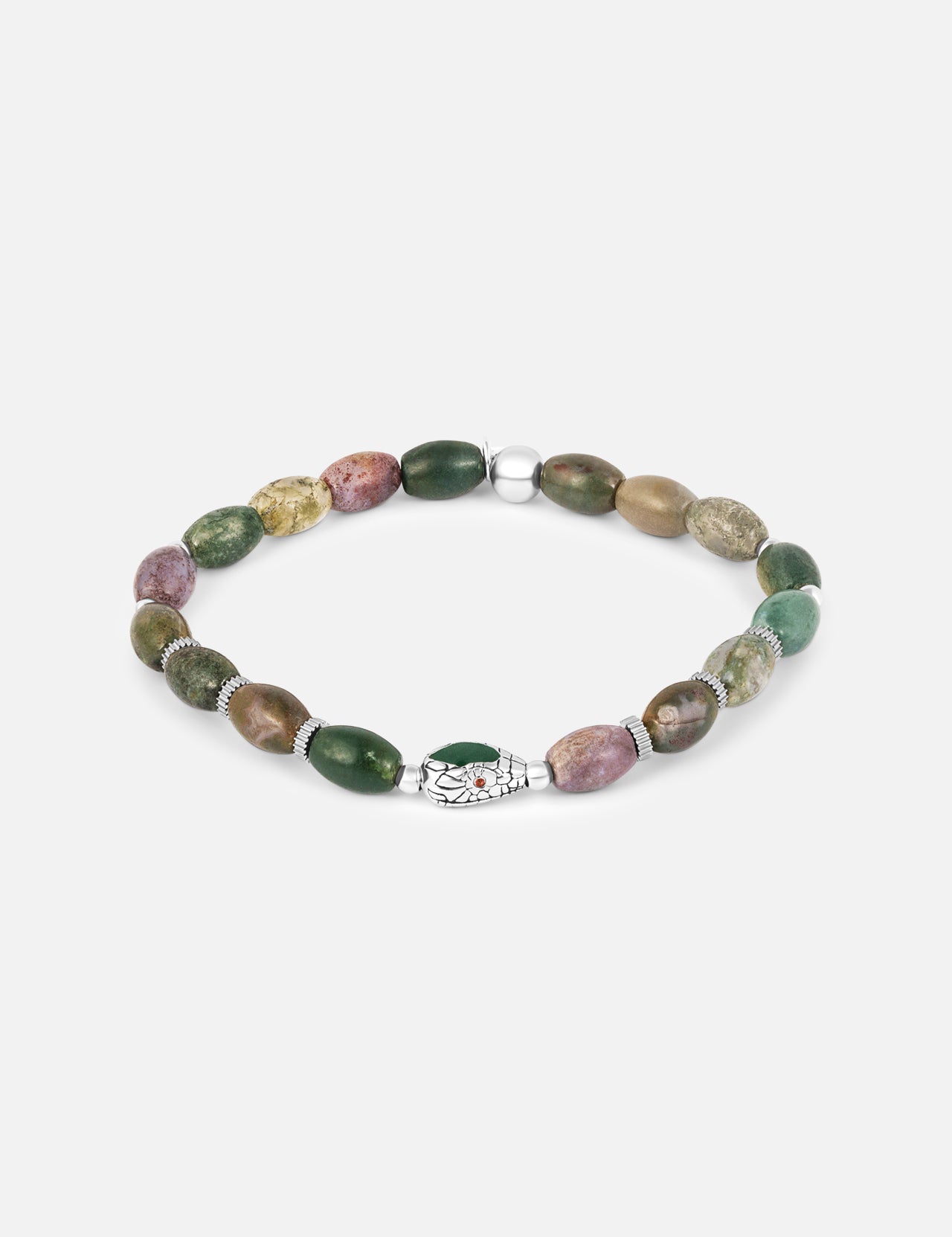 The TATEOSSIAN Indian Jasper Viper Bracelet features multicolored oval-shaped jasper stones in green, brown, and purple, finished with a silver charm and metallic clasp, displayed on a plain white background.