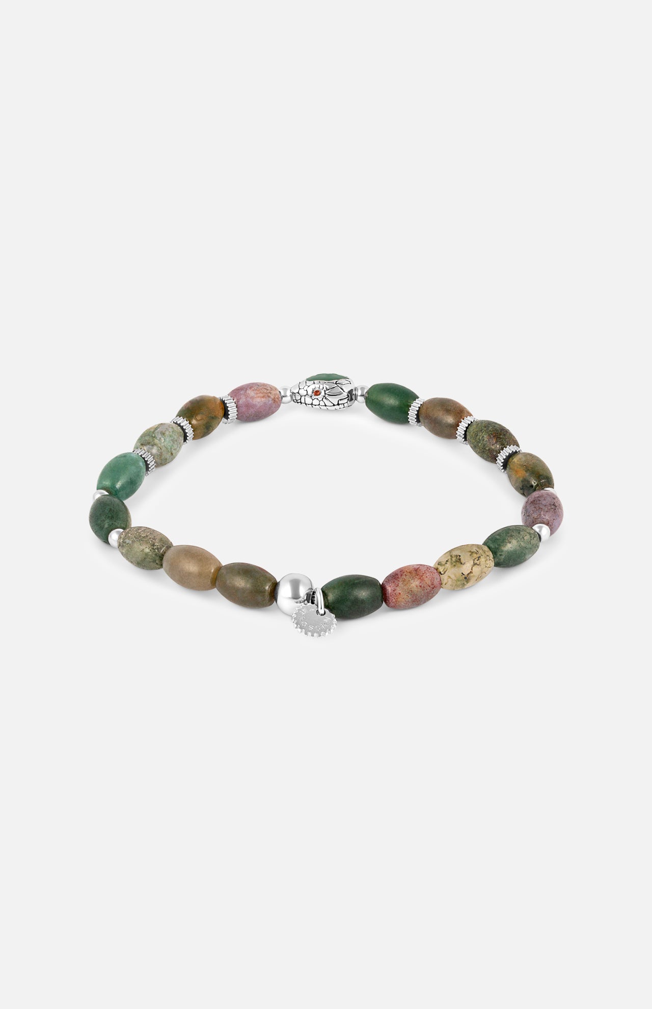 TATEOSSIAN Indian Jasper Viper Bracelet: features green, brown, and beige oval beads, a sterling silver clasp, and a round silver charm—luxuriously displayed on a plain white background.