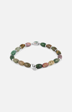 TATEOSSIAN Indian Jasper Viper Bracelet: features green, brown, and beige oval beads, a sterling silver clasp, and a round silver charm—luxuriously displayed on a plain white background.
