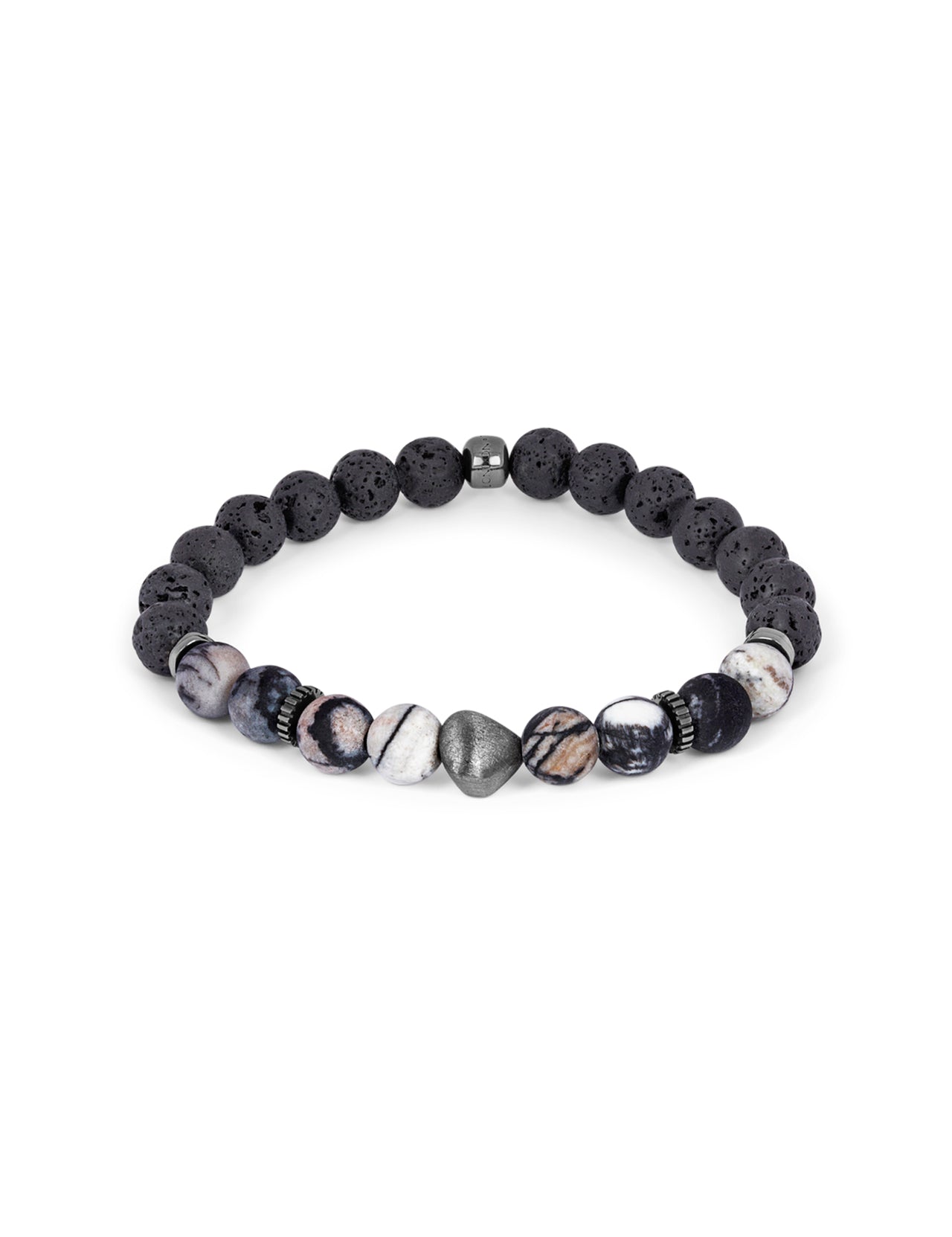 The Nugget with Spiderweb Bracelet by TATEOSSIAN features spiderweb jasper beads, matte black lava stones, and marbled white beads with brown streaks in a symmetrical design.