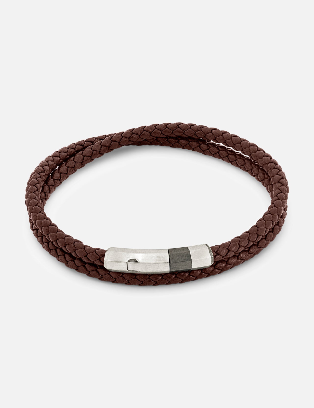 The TATEOSSIAN Octagon Click Pelle Bracelet is crafted from brown braided Italian leather with a rhodium-plated sterling silver magnetic clasp, shown against a plain white background.