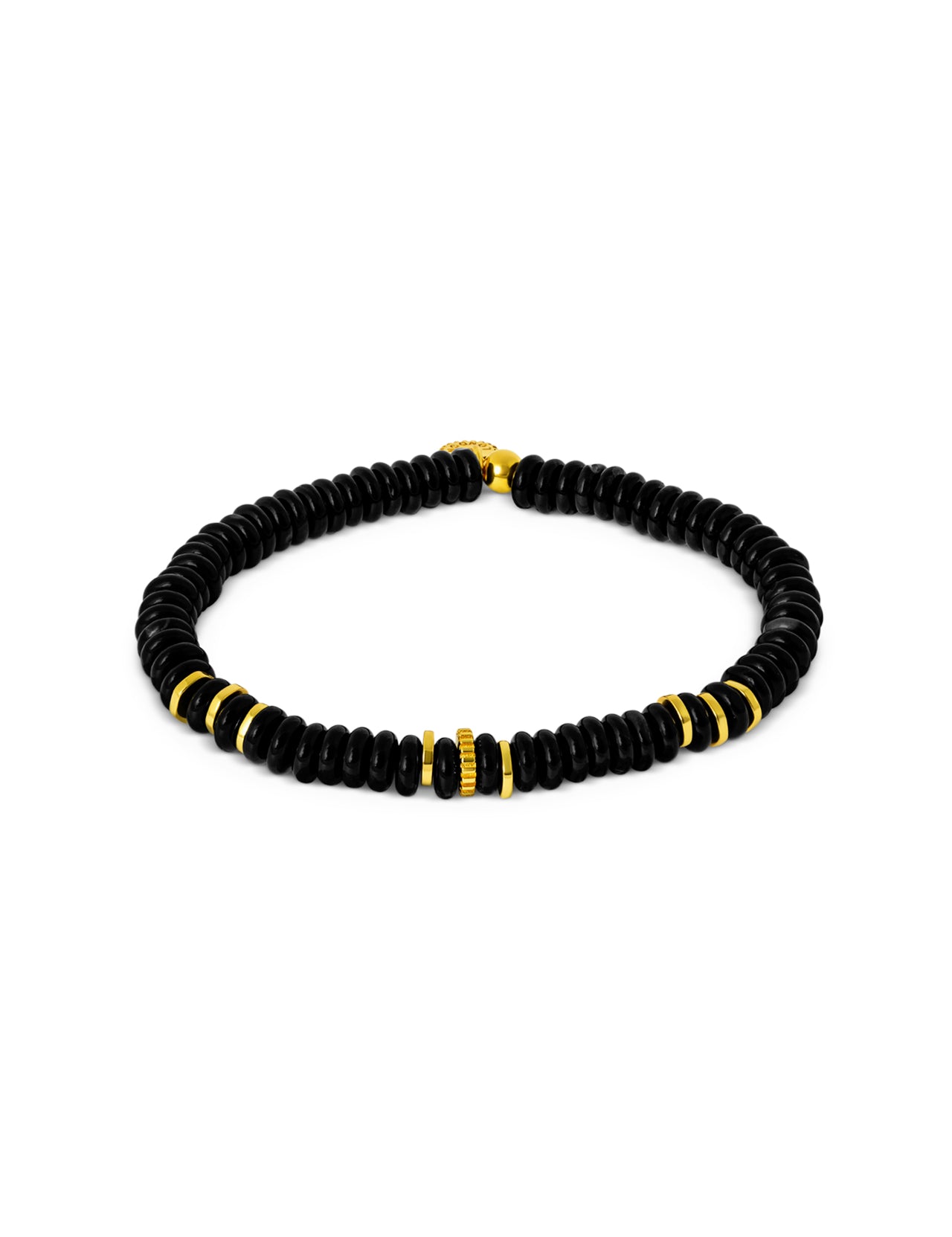 The TATEOSSIAN Positano Beaded Bracelet features small round black agate beads accented with evenly spaced gold cylindrical beads and finished with a yellow gold plated clasp.