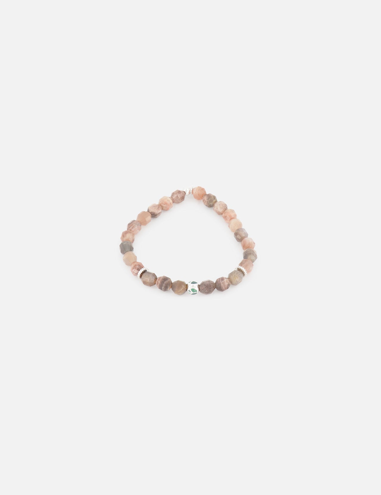 The TATEOSSIAN Moonstone and Green Enamel Peace Bracelet features round moonstone beads with a green enamel peace accent, arranged in a circular shape and displayed on a plain white background.