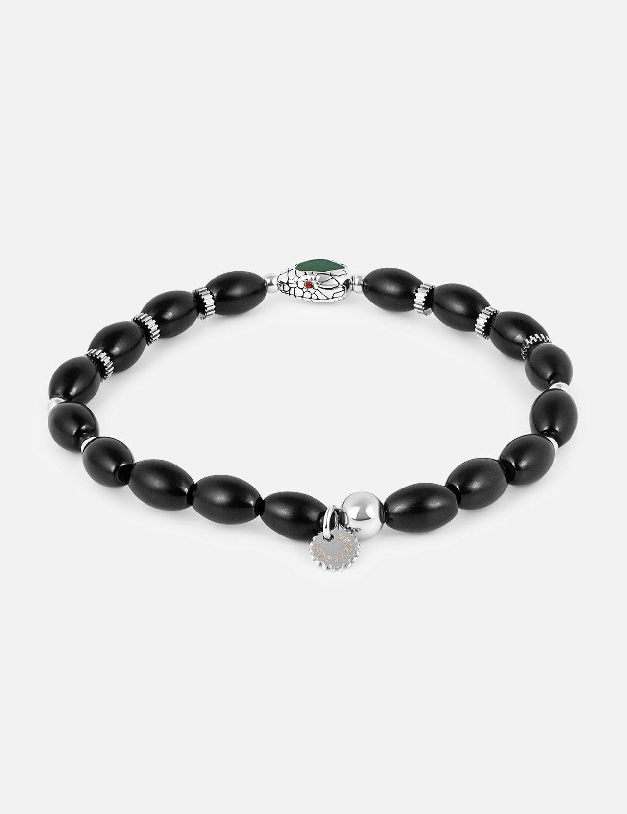 The TATEOSSIAN Viper Head Agate Bracelet showcases black agate oval beads, small rhodium-plated silver spacers, a sunburst silver charm, and a silver bead, all displayed on a white background.