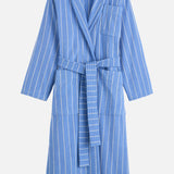 TEKLA Terry Classic Unisex Bathrobe in blue organic cotton with white vertical stripes, a waist tie, and a chest pocket.