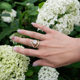 A hand with manicured nails and the LOGAN HOLLOWELL French Pavé Diamond Tusk Ring in gleaming 14k yellow gold rests gently on white hydrangea flowers in a garden.