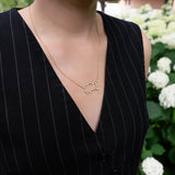 A person wearing a black pinstripe vest and the LOGAN HOLLOWELL Gemini Diamond Constellation Necklace—a yellow gold piece featuring a delicate constellation pendant with diamond accents—stands in front of white hydrangea flowers, elegantly showcasing this signature jewelry.