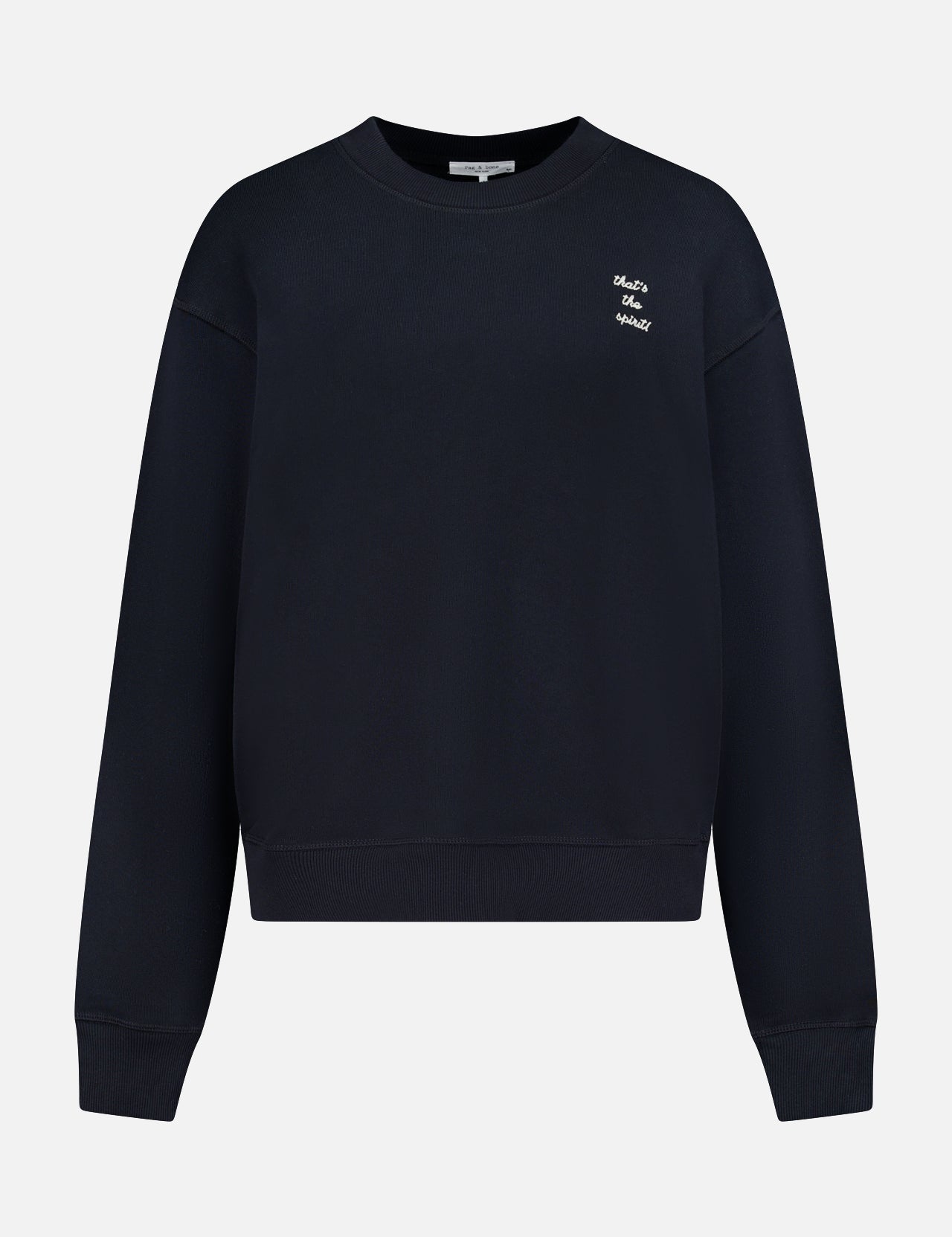 The RAG & BONE That's the Spirit Sweatshirt is a black cotton-blend, long-sleeve top featuring small white "Whats our story?" text on the upper left chest, shown against a white background.
