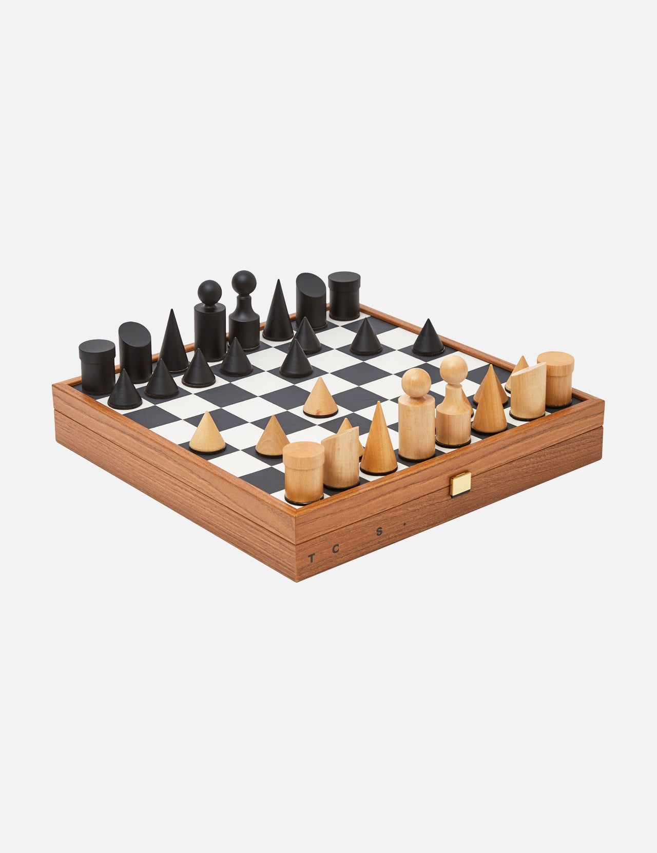 The Milos Black And White Chess Game Set by THE CONRAN SHOP features geometric black and light tulip wood pieces on a bold black and white checkered board with a wooden frame, perfect for modern minimalist decor.