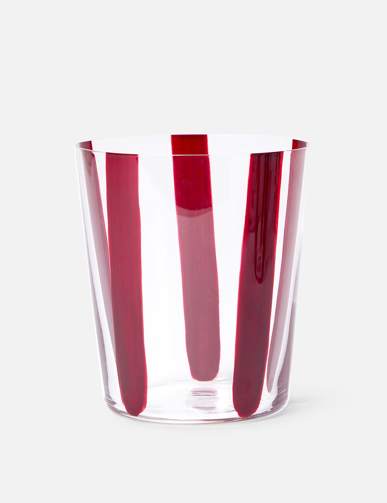 The CONRAN SHOP Nova Stripe Tumbler Set of 4 features clear crystal glasses with bold, evenly spaced red vertical stripes, shown against a light gray background.