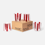 Four transparent glasses with vertical red stripes from THE CONRAN SHOP Nova Stripe Tumbler Set of 4 are arranged around a cardboard box labeled 360ml nova, all set against a plain light background.