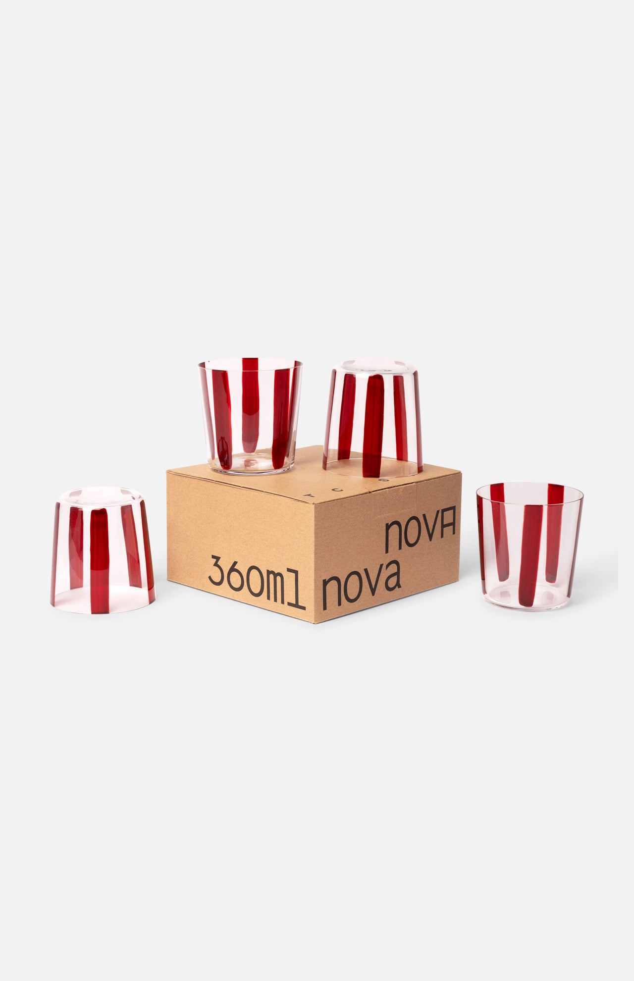 Four transparent glasses with vertical red stripes from THE CONRAN SHOP Nova Stripe Tumbler Set of 4 are arranged around a cardboard box labeled 360ml nova, all set against a plain light background.