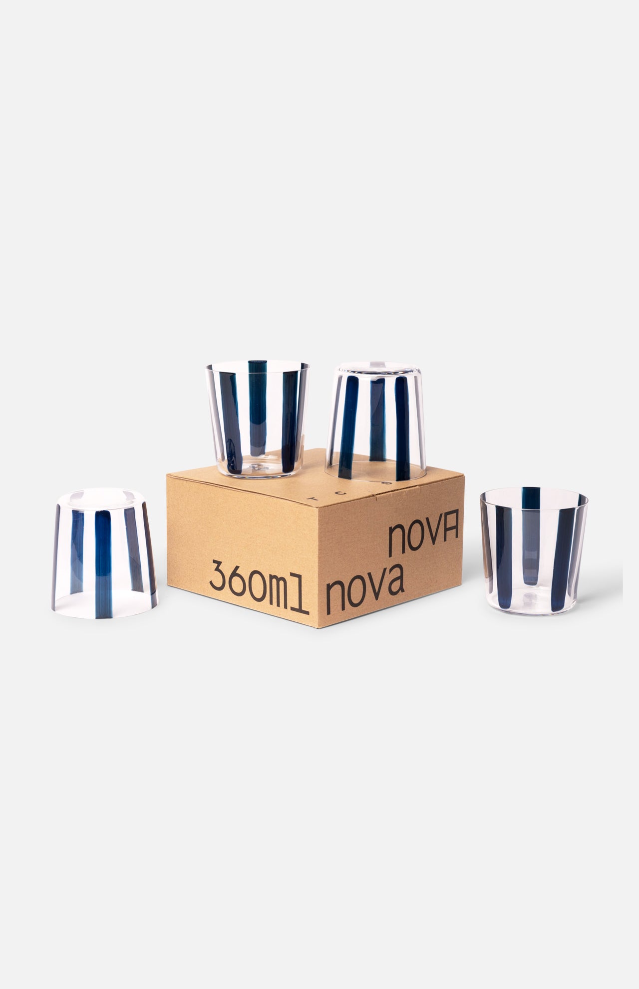 The CONRAN SHOP Nova Stripe Tumbler Set of 4 features clear crystal glasses with blue vertical stripes, stylishly displayed around a 360ml nova box against a plain light background.