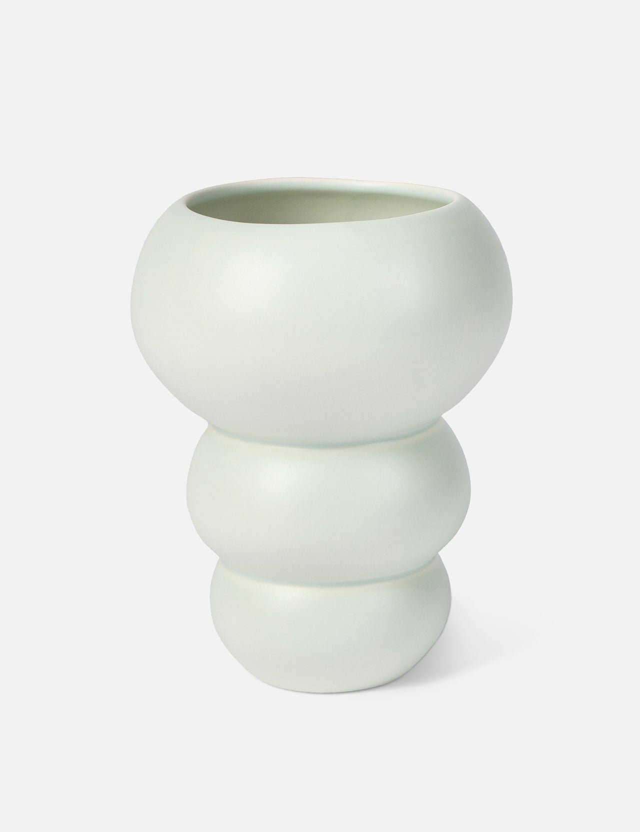 The Conran Shop's Stacked Spheres Vase Mint features a modern, matte finish with three rounded, stacked sections and a wide opening, inspired by Arjan Van Dal’s elegant forms.