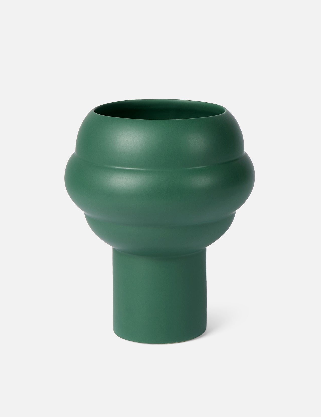 The Tree Vase Forest Green by THE CONRAN SHOP features a modern design with a wide, rounded middle and cylindrical base, shown on a plain light gray background.