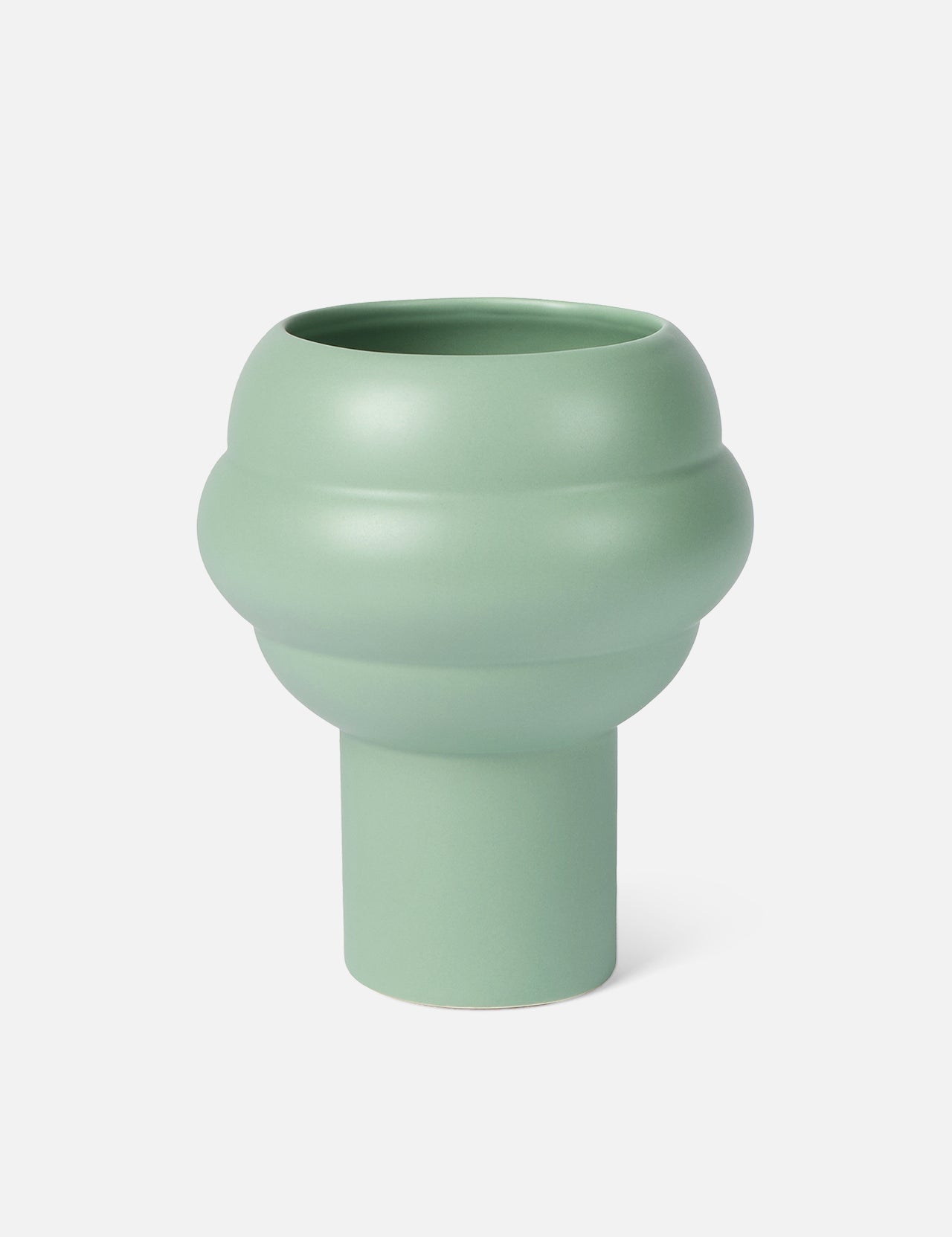 The Tree Vase Sage Green by THE CONRAN SHOP is a modern earthenware piece with a matte finish, featuring a cylindrical base and rounded midsection, showcased against a plain white background.