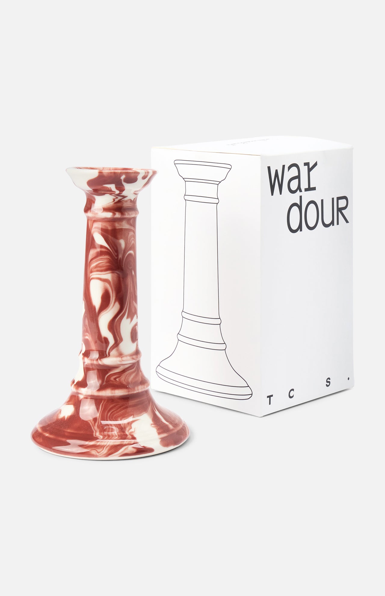 The Marbled Wardour Candlestick by THE CONRAN SHOP, featuring a hand-marbled red and white glaze, is displayed beside a white box with a line drawing of the holder and bold, modern "wardour" text.