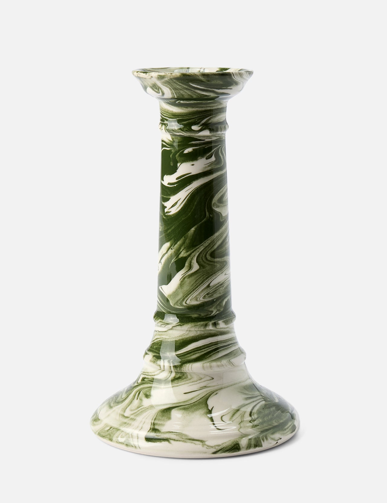 The Marbled Wardour Candlestick by THE CONRAN SHOP features a hand-marbled green and white glaze and a flared base, shown on a plain white background.
