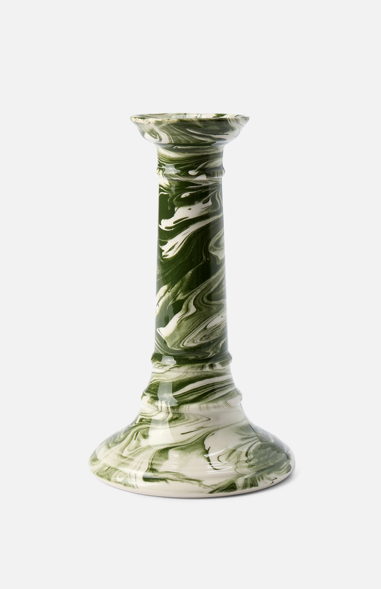 The Marbled Wardour Candlestick by THE CONRAN SHOP features a hand-marbled green and white glaze and a flared base, shown on a plain white background.