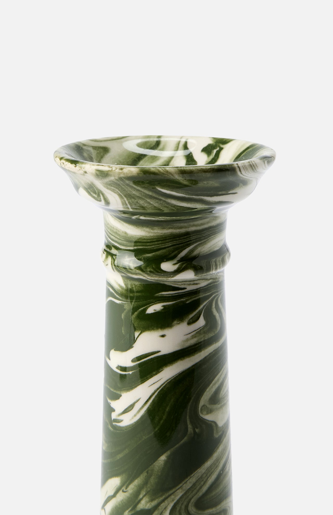 The Marbled Wardour Candlestick by THE CONRAN SHOP features a green and white hand-marbled glaze, a wide flared rim, and a glossy surface. Its plain white background highlights the swirling design.