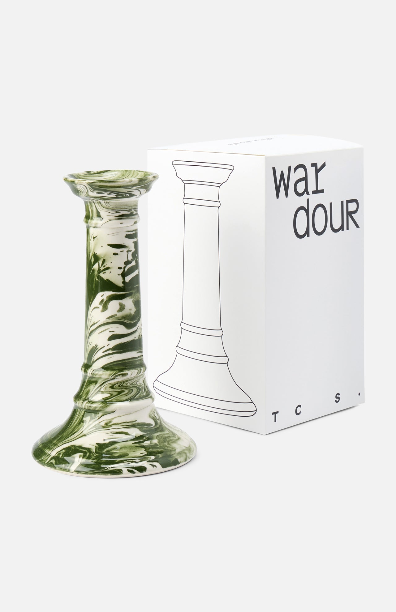 The Marbled Wardour Candlestick by THE CONRAN SHOP, featuring a green and white hand-marbled glaze, stands beside its white box decorated with a black line drawing and "wardour" text on the front.
