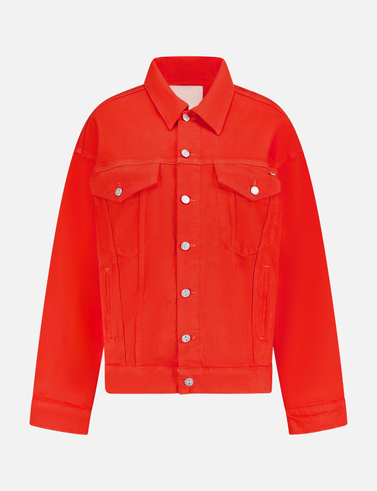 The Drop It Drifter Denim Jacket by MOTHER features an orange-red hue, silver buttons, two chest flap pockets, and a classic collar in an oversized fit, shown against a plain white background.