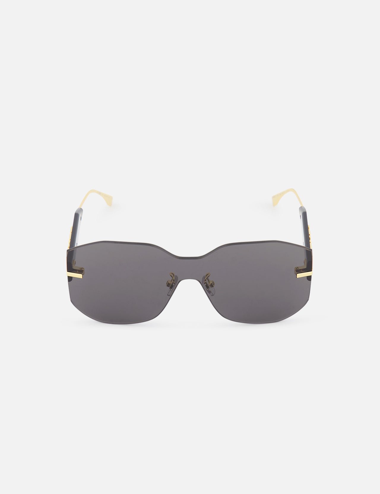 FENDI Rectangle Shield Black Sunglasses feature black lenses, gold temples, and a minimalist rimless design, shown on a plain white background.