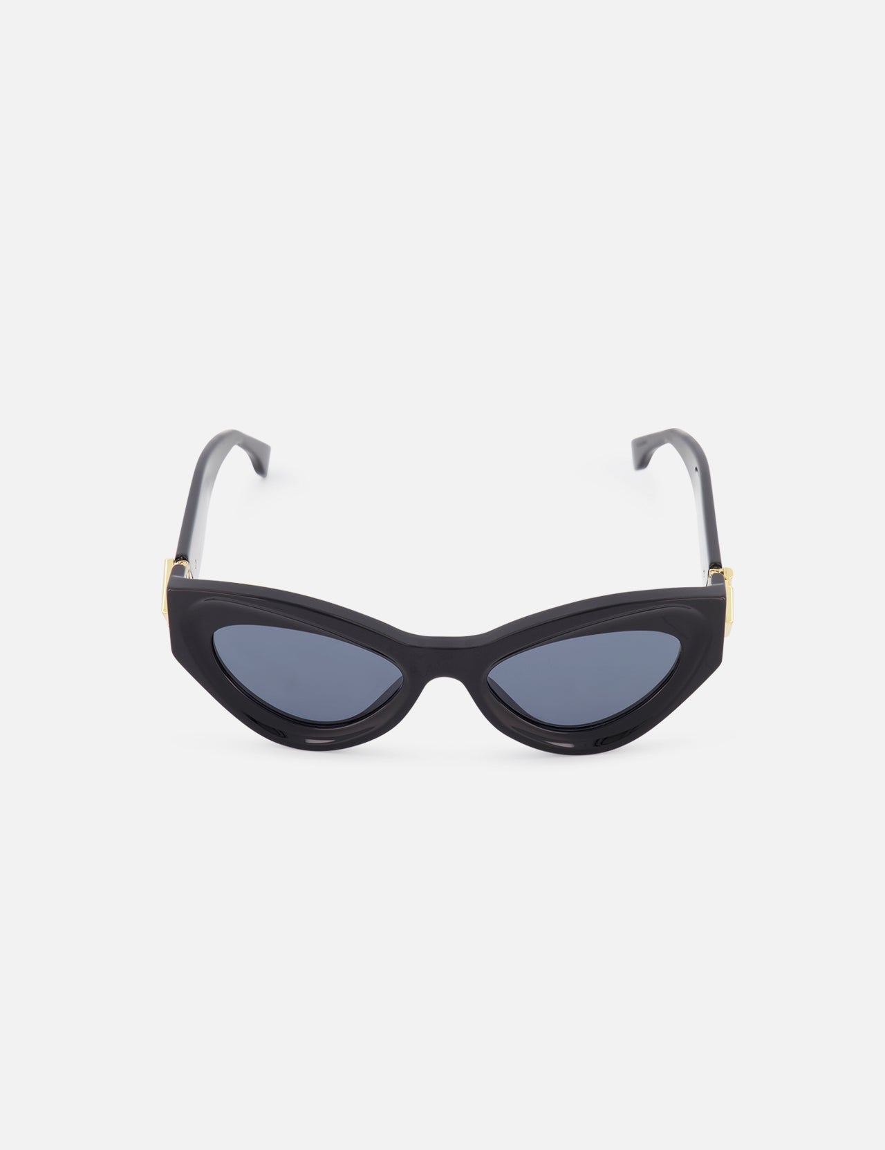 FENDI Butterfly Sculptural Black Sunglasses feature cat-eye, angled frames and dark blue lenses for a luxurious eyewear style, shown against a plain white background.