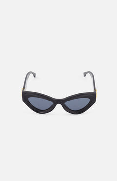 FENDI Butterfly Sculptural Black Sunglasses feature cat-eye, angled frames and dark blue lenses for a luxurious eyewear style, shown against a plain white background.