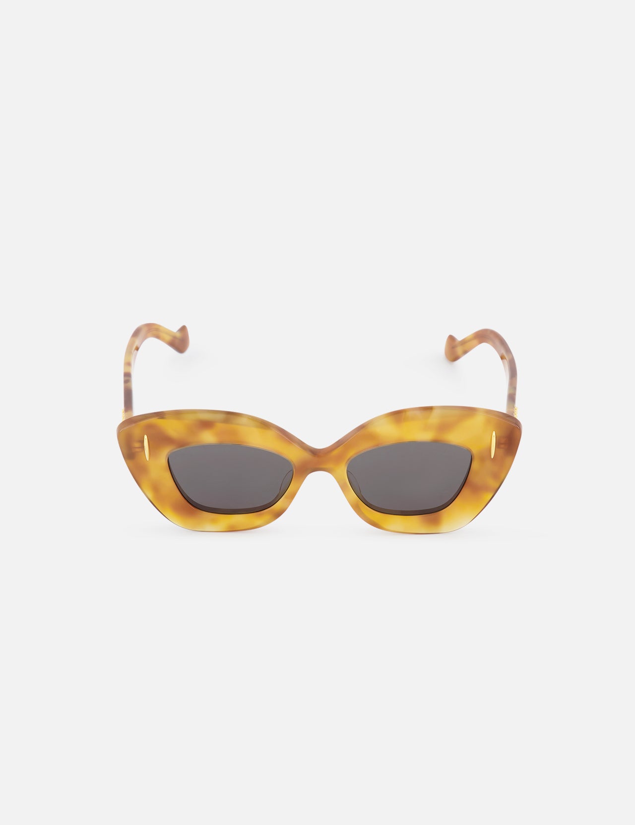 LOEWE Cat Eye Tortoiseshell Golden Sunglasses feature dark lenses and curved arms in a bold cat-eye design, showcased against a plain white background.