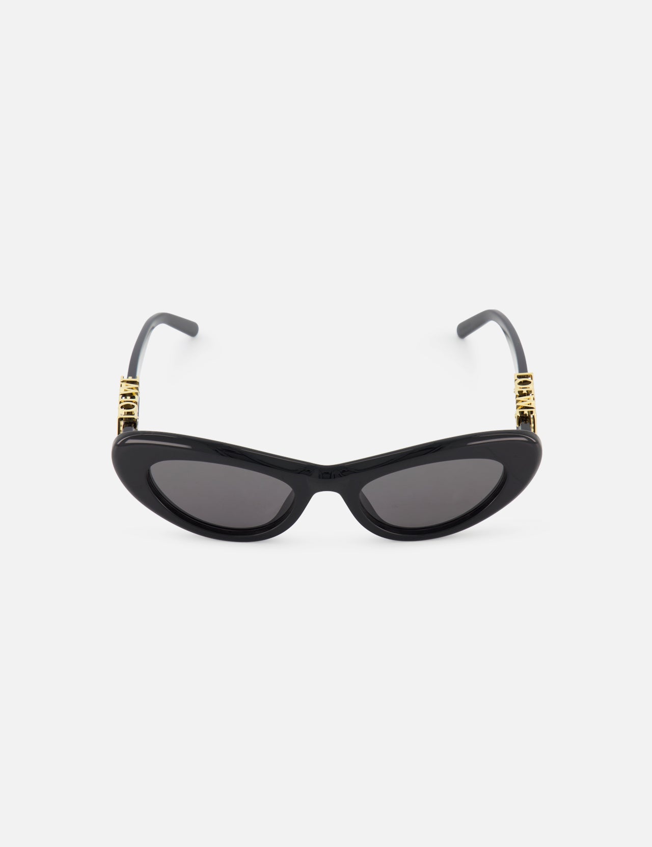 LOEWE Cat Eye Black Sunglasses: Elegant designer shades made from premium acetate, featuring dark lenses and gold temple accents, showcased against a plain white background.