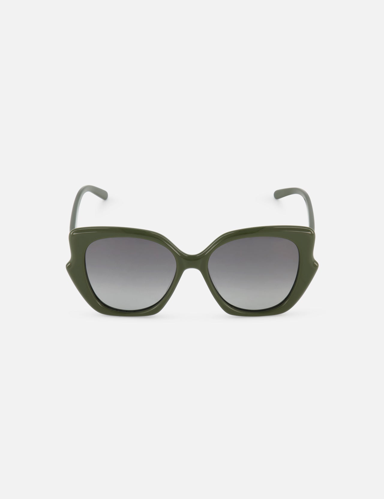 The LOEWE Wavy Green Sunglasses feature olive green cat-eye frames with a thick, wavy design and dark grey lenses, shown head-on against a plain white background.