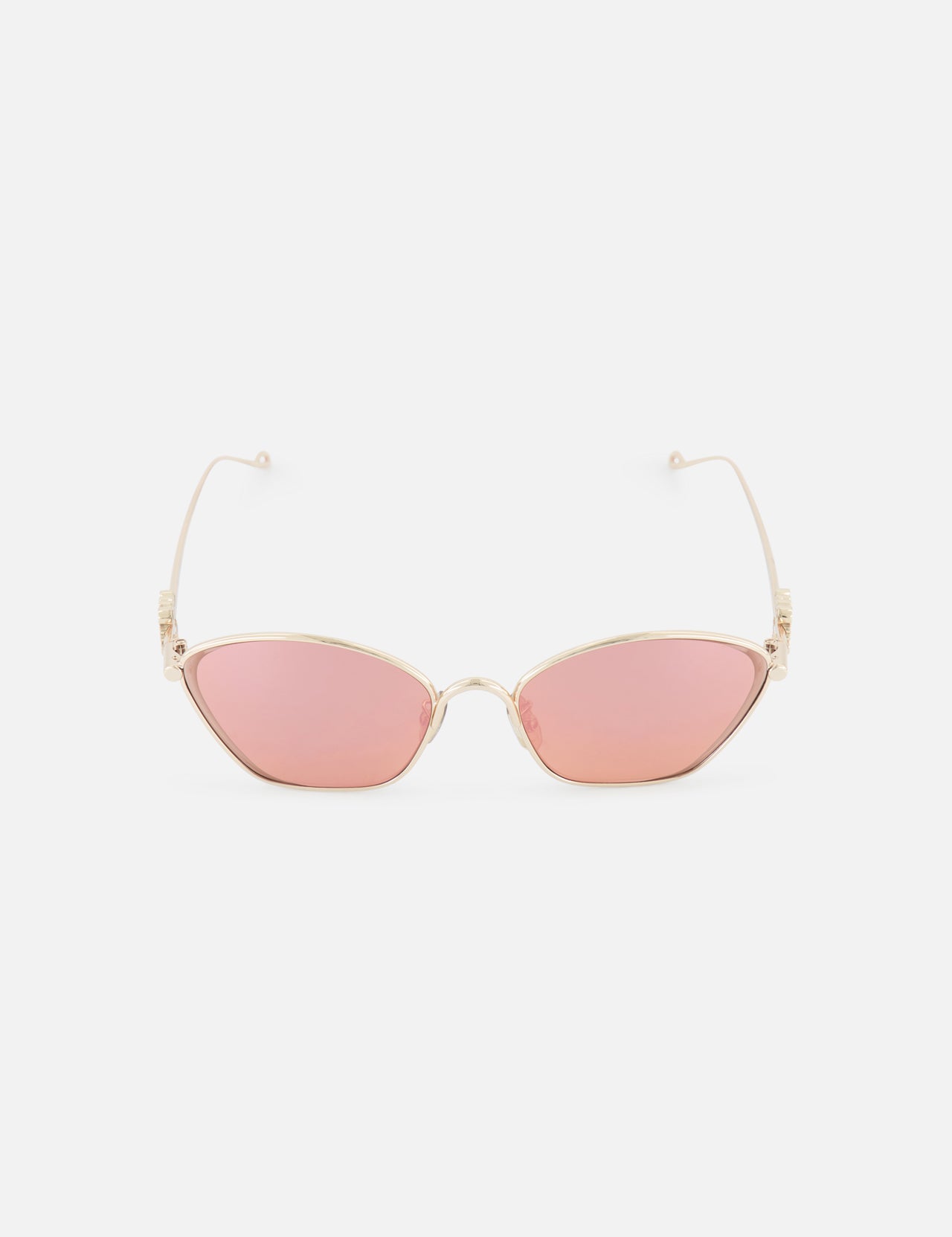 The LOEWE Cat Eye Pink Lenses Sunglasses feature thin gold frames and pink-tinted lenses, shown against a plain white background.