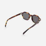 The CELINE Round Brown Tortoiseshell Sunglasses feature dark lenses and a classic tortoiseshell finish, shown from the rear on a white background—an elegant example of French luxury eyewear.