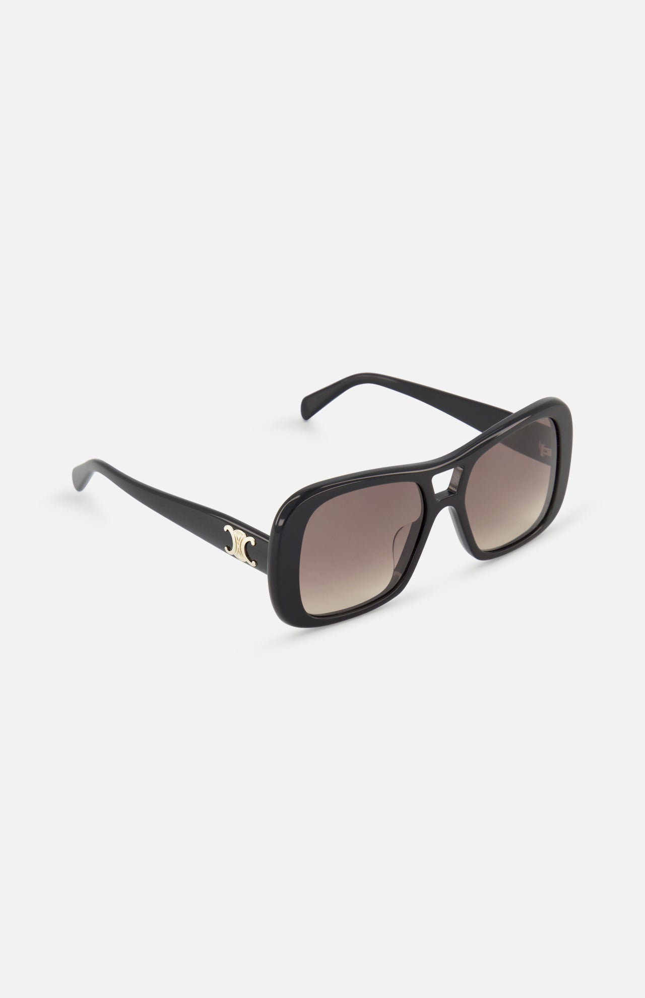 CELINE Celine Aviator Black Sunglasses featuring a black rectangular frame, brown gradient lenses, and gold accents on the arms, inspired by luxury French fashion, shown on a white background.