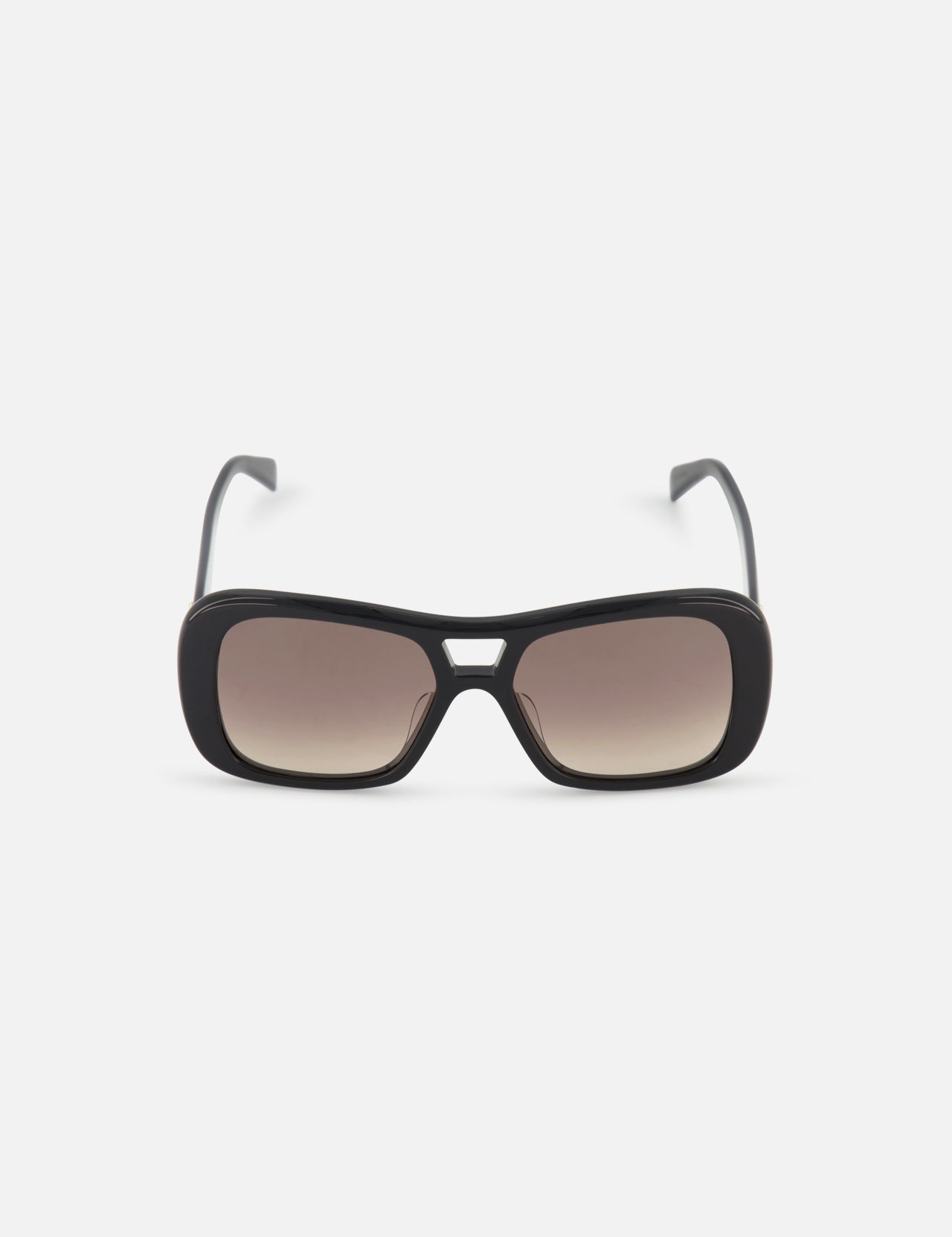 The CELINE Aviator Black Sunglasses feature a sleek rectangular design with brown gradient lenses, shown facing forward on a white background—a chic tribute to luxury French fashion.