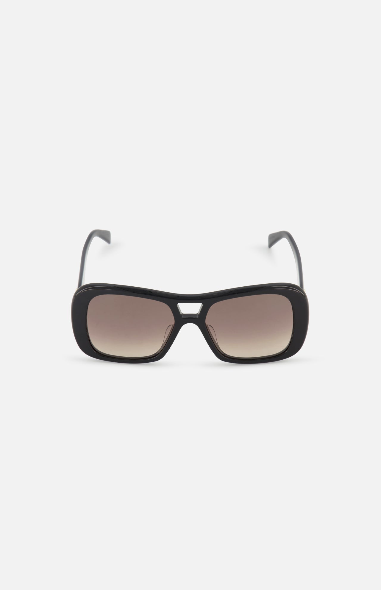 The CELINE Aviator Black Sunglasses feature a sleek rectangular design with brown gradient lenses, shown facing forward on a white background—a chic tribute to luxury French fashion.