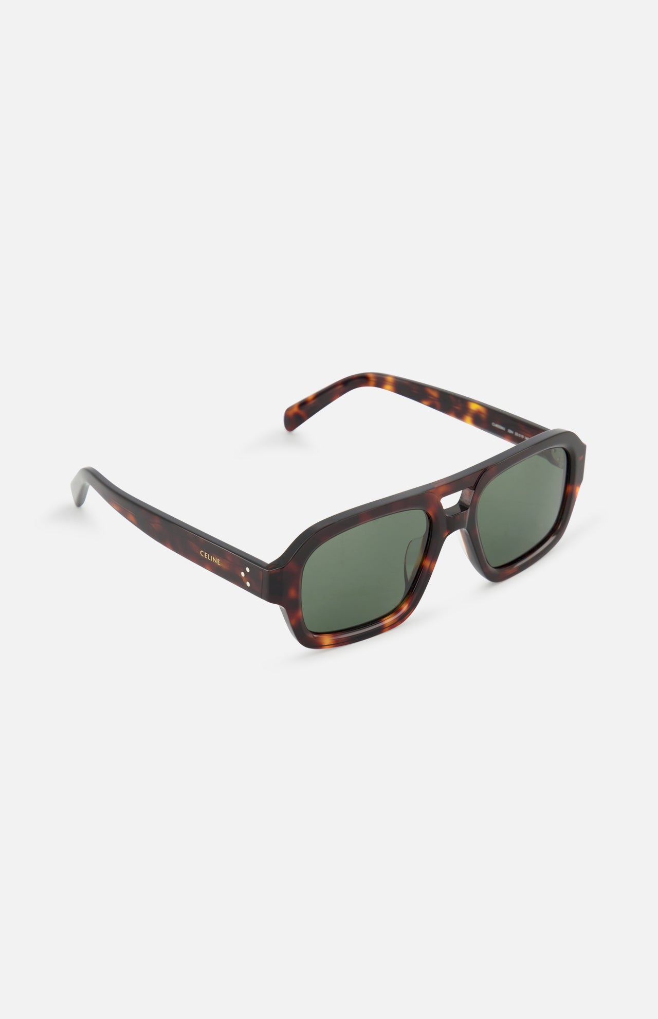 The CELINE Aviator Brown Tortoiseshell Sunglasses feature a rectangular frame and brown gradient lenses, angled on a white background to showcase classic luxury French fashion.