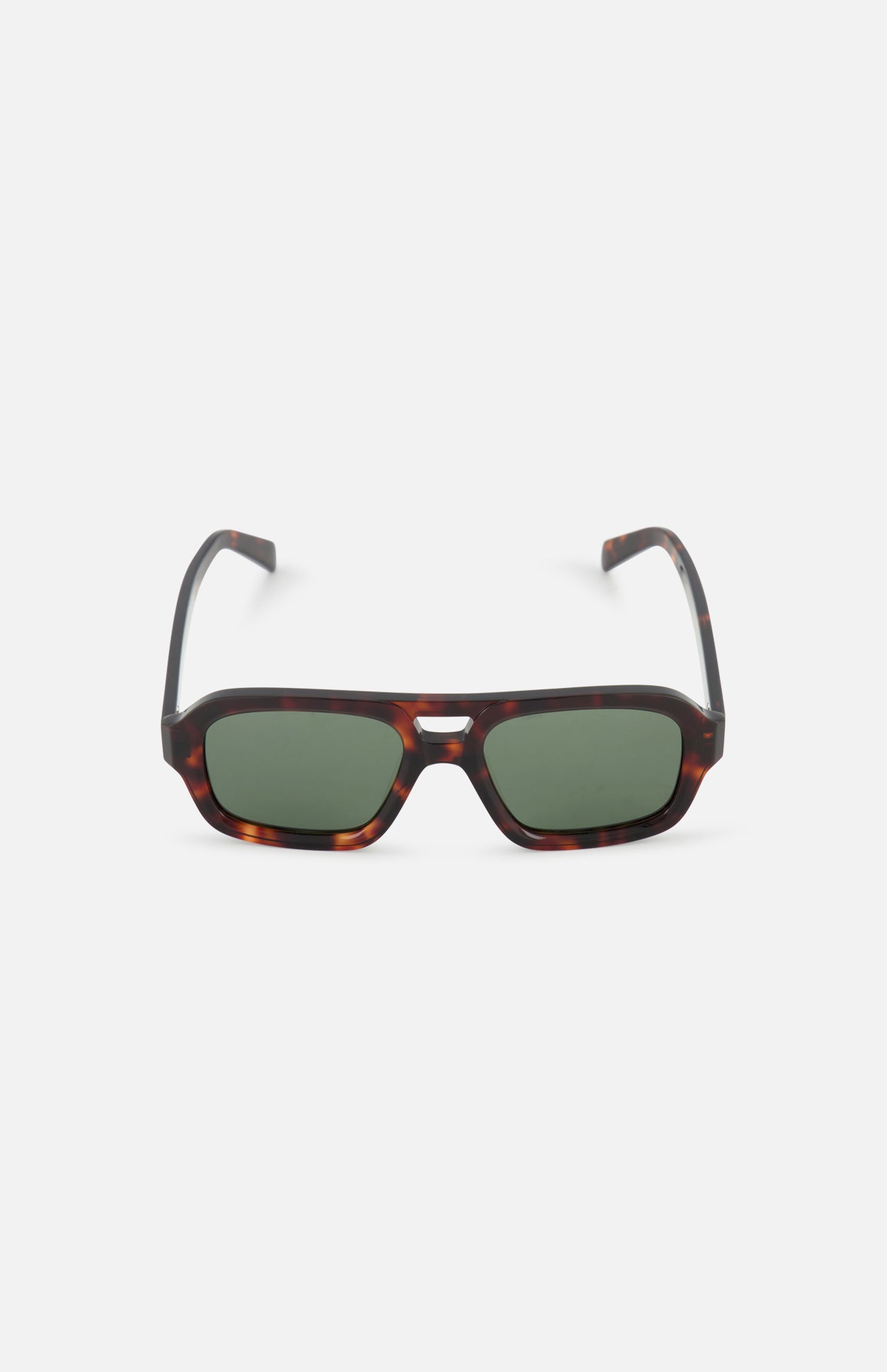 CELINE Aviator Brown Tortoiseshell Sunglasses feature a rectangular shape, green lenses, and a dark patterned frame inspired by luxury French style, shown against a plain white background.