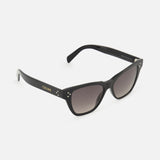 CELINE Cat Eye Black Sunglasses with sleek acetate frames and dark tinted lenses, featuring subtle gold accents and the CELINE logo on the arms; made in Italy and shown against a white background.