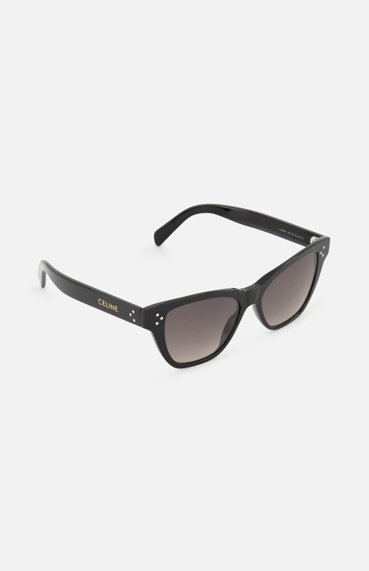 CELINE Cat Eye Black Sunglasses with sleek acetate frames and dark tinted lenses, featuring subtle gold accents and the CELINE logo on the arms; made in Italy and shown against a white background.