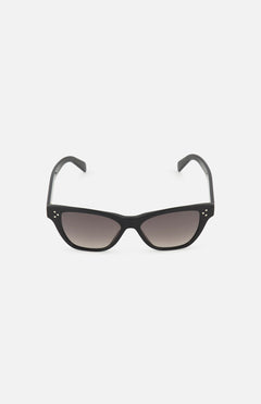 Celine Cat Eye Black Sunglasses by CELINE, featuring slightly upswept frames crafted from premium acetate and dark gradient lenses, made in Italy, displayed on a plain white background.