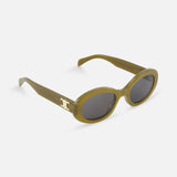 CELINE Oval Green Sunglasses featuring thick olive green frames, dark lenses, and gold CELINE logo detailing on the temples, shown against a white background.