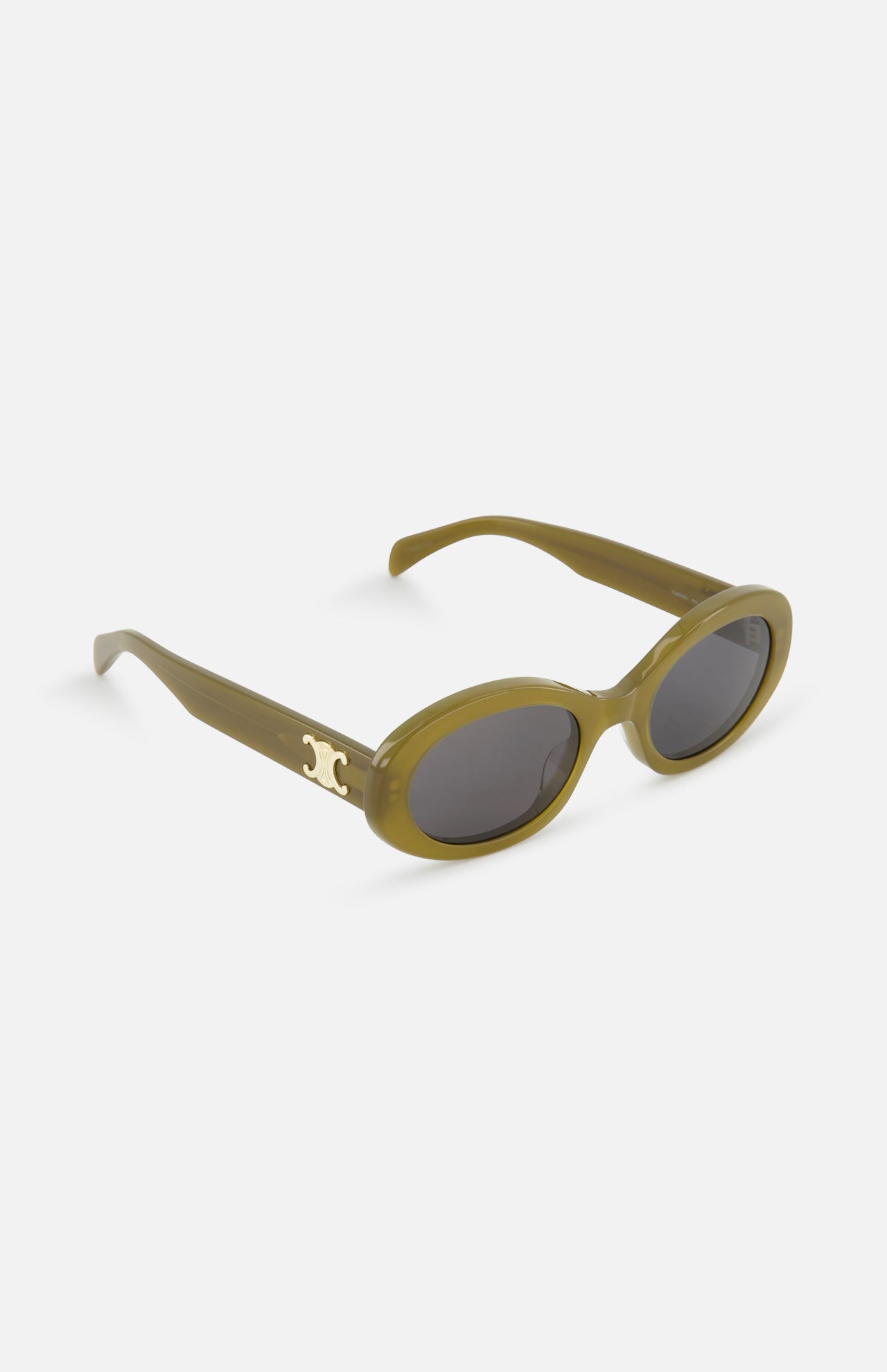 CELINE Oval Green Sunglasses featuring thick olive green frames, dark lenses, and gold CELINE logo detailing on the temples, shown against a white background.