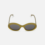 CELINE Oval Green Sunglasses featuring olive green frames, dark tinted lenses, and signature gold logo detailing, inspired by the iconic French luxury brand, displayed on a plain white background.