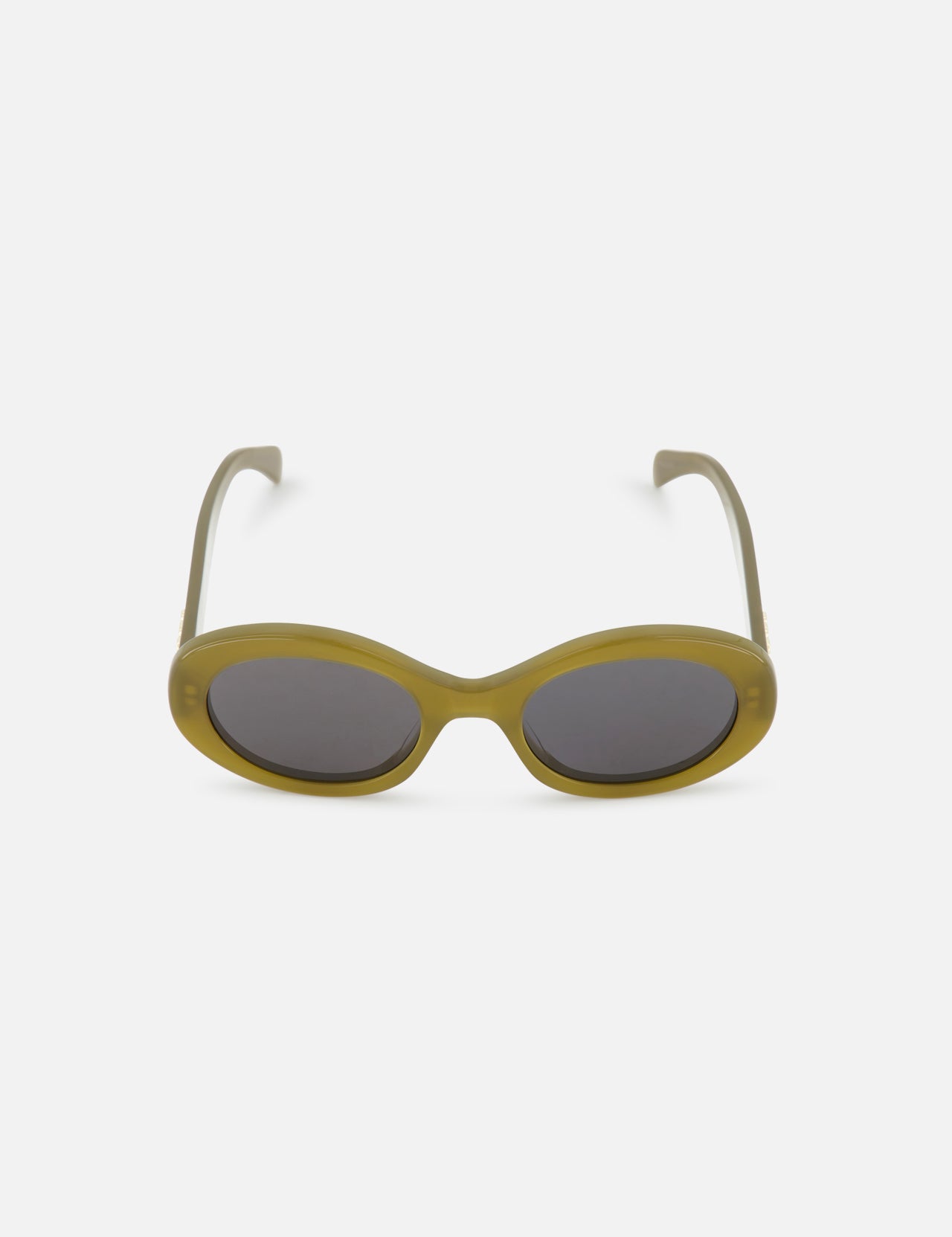CELINE Oval Green Sunglasses featuring olive green frames, dark tinted lenses, and signature gold logo detailing, inspired by the iconic French luxury brand, displayed on a plain white background.