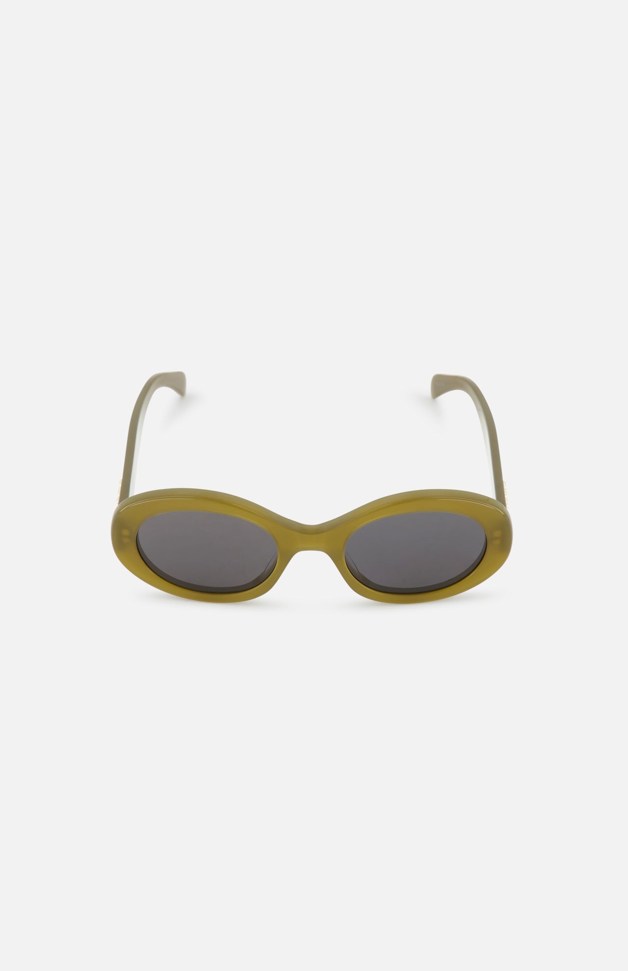CELINE Oval Green Sunglasses featuring olive green frames, dark tinted lenses, and signature gold logo detailing, inspired by the iconic French luxury brand, displayed on a plain white background.