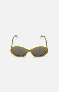 CELINE Oval Green Sunglasses featuring olive green frames, dark tinted lenses, and signature gold logo detailing, inspired by the iconic French luxury brand, displayed on a plain white background.