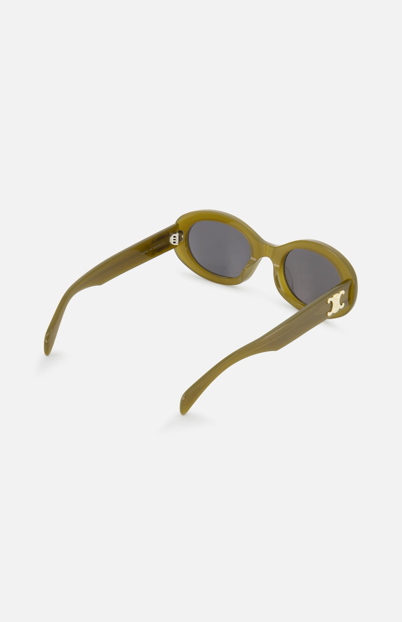 CELINE Oval Green Sunglasses with dark lenses, thick olive green frames, and gold logo accents inspired by the luxury French fashion house are displayed against a plain white background.