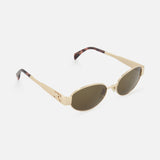 The CELINE Oval Gold Sunglasses feature a gold frame, dark lenses, and slightly curved brown-tipped arms. These luxury sunglasses are displayed on a white background.